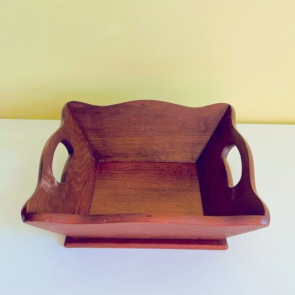 Vtg Mid Century Wood Square Fruit bread Bowl Centerpiece Decorative Handles - Picture 5 of 11